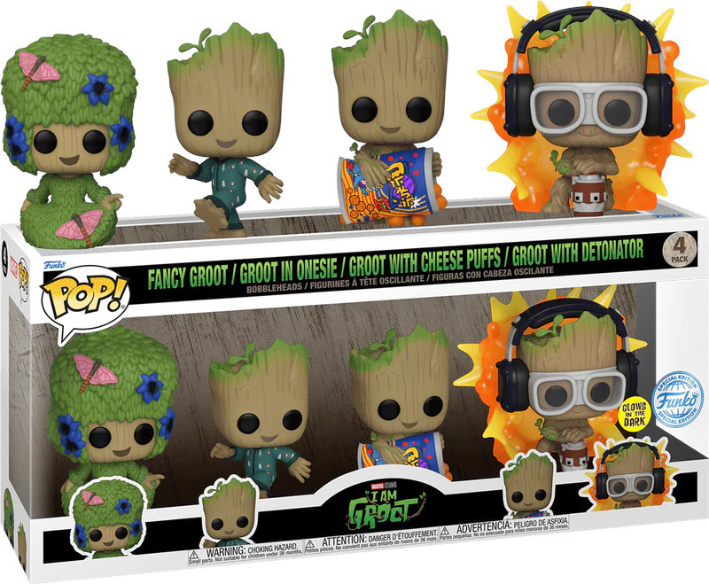 Marvel: I Am Groot Funko Pop Vinyl 4-pack: Facy Groot, Groot in Onesie, Groot with Cheese Puffs, Groot with Detonator afbeelding