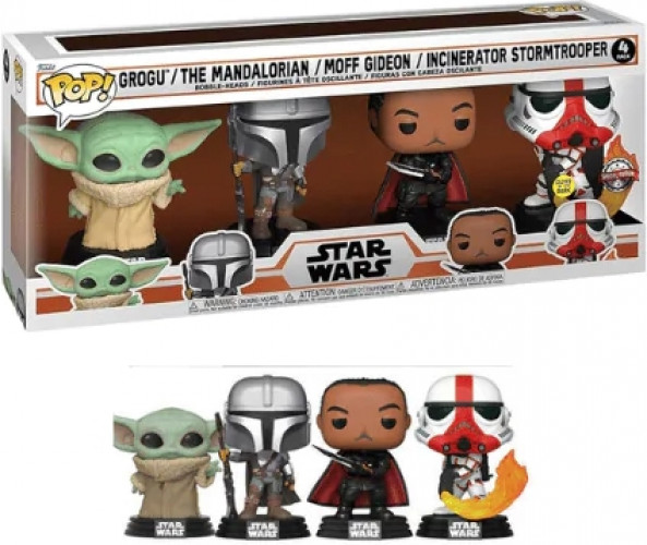 Star Wars Funko Pop Vinyl 4-Pack: Grogu, Mandalorian, Moff Gideon & Incinerator Stormtrooper Glow in the Dark afbeelding
