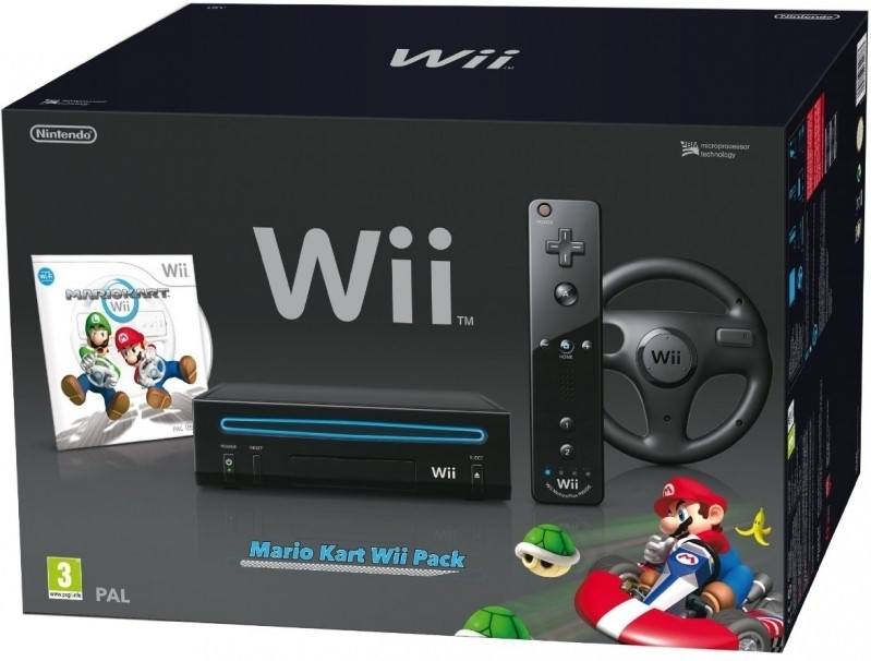 Nintendo Wii (Black) + Mario Kart Wii + Wii Wheel