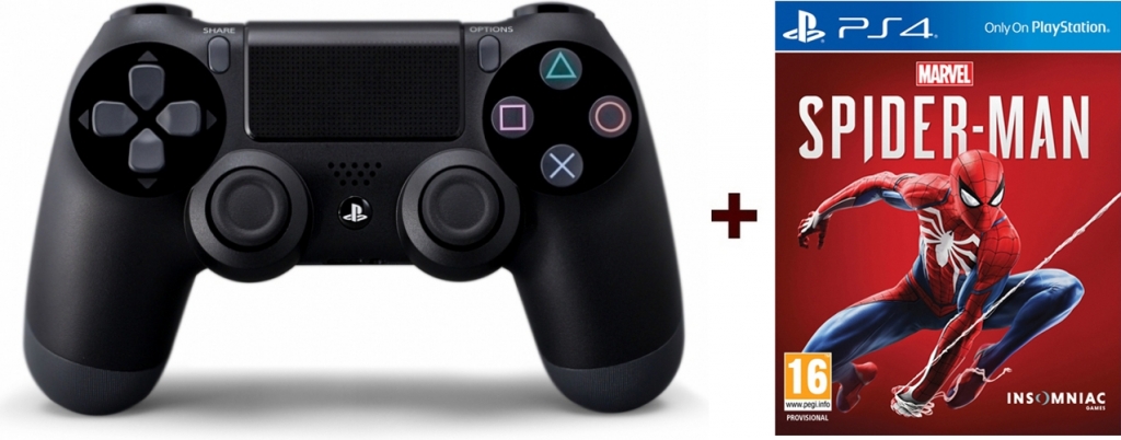 Sony Dual Shock 4 Controller V2 (Black) + Spider-Man