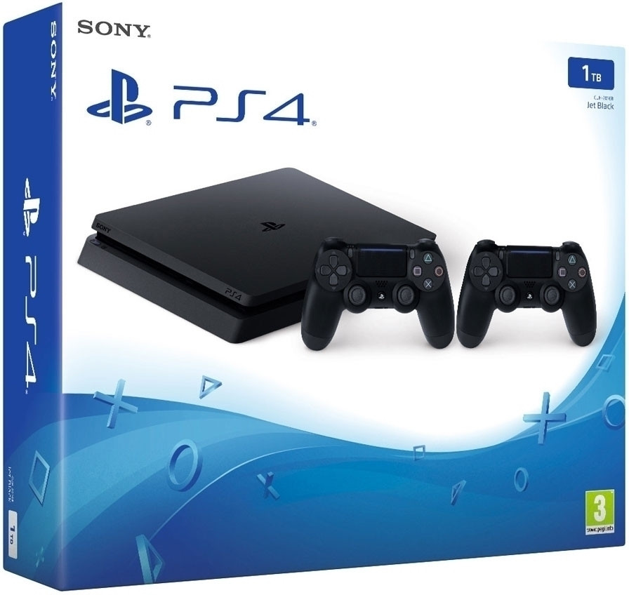 gameshop: Playstation Slim (Black) 1TB + 2 Dual Shock Controllers (PlayStation 4) kopen